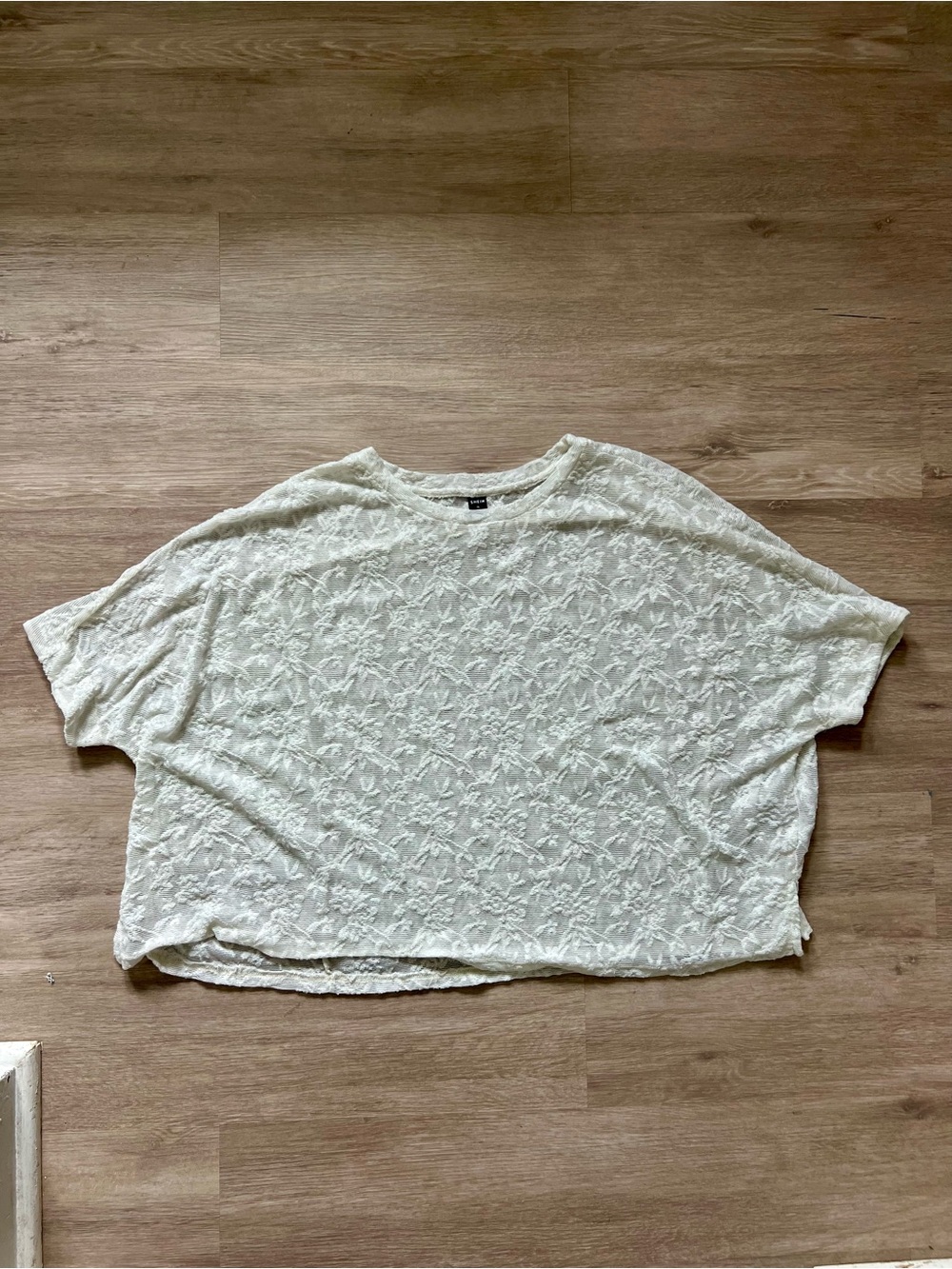 White Cream Sheer Floral Lace Boxy Short Sleeve Crop Top XL